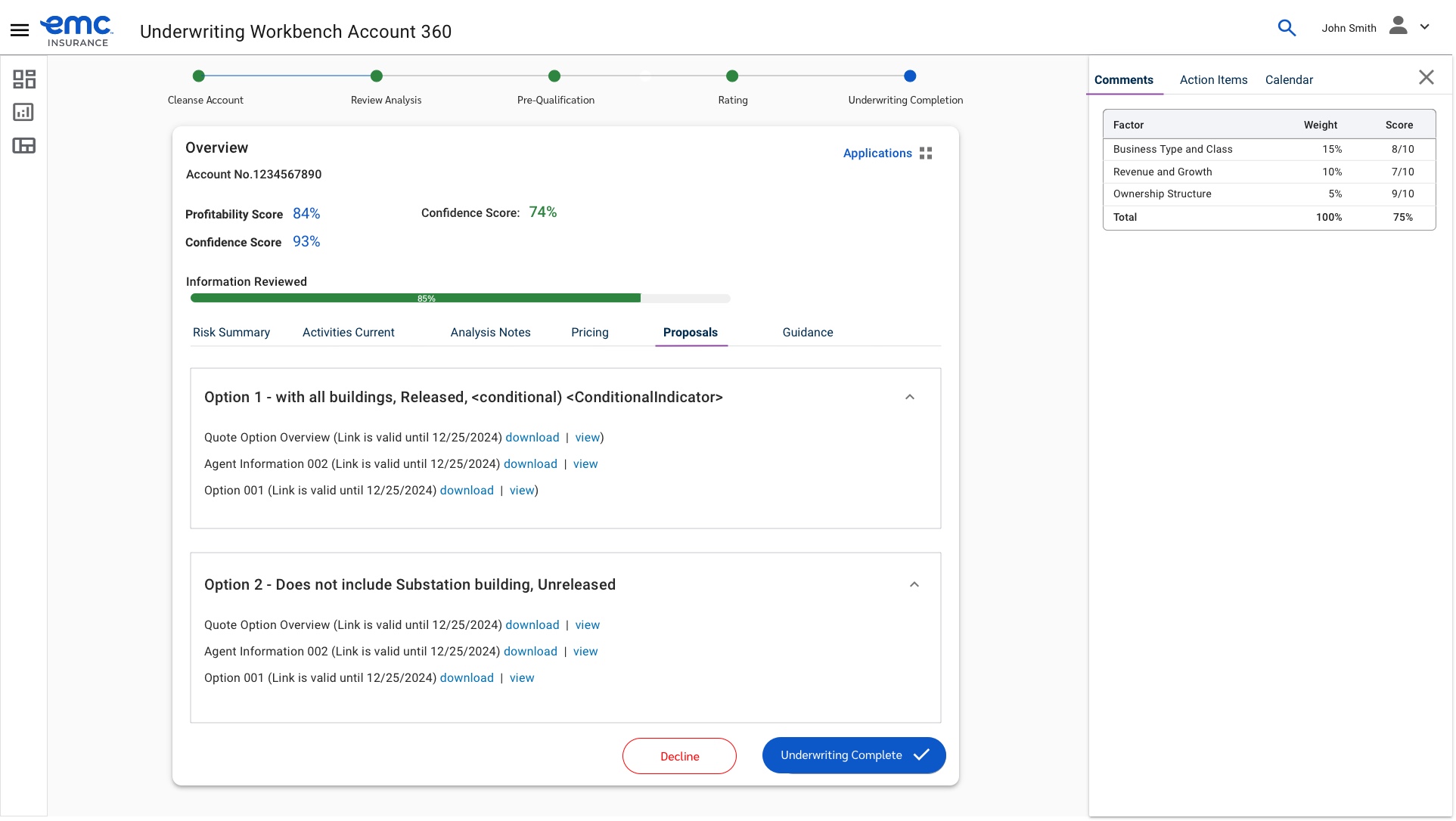Underwriting Workbench proposals tab with quote options ready for release